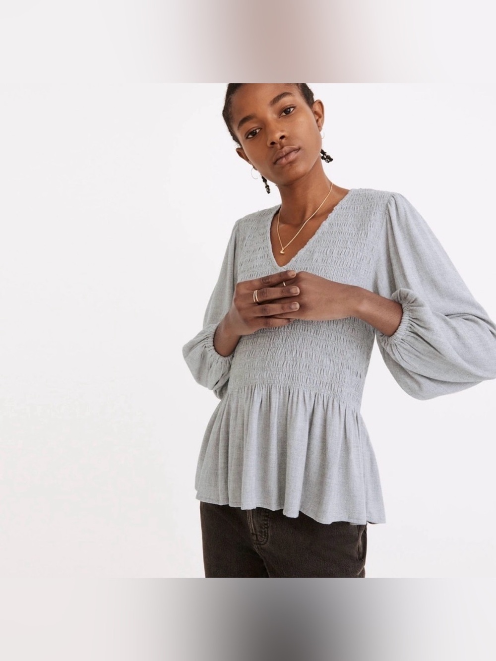Madewell Blouse Gray Smocked Peplum Top Women’s Small Babydoll